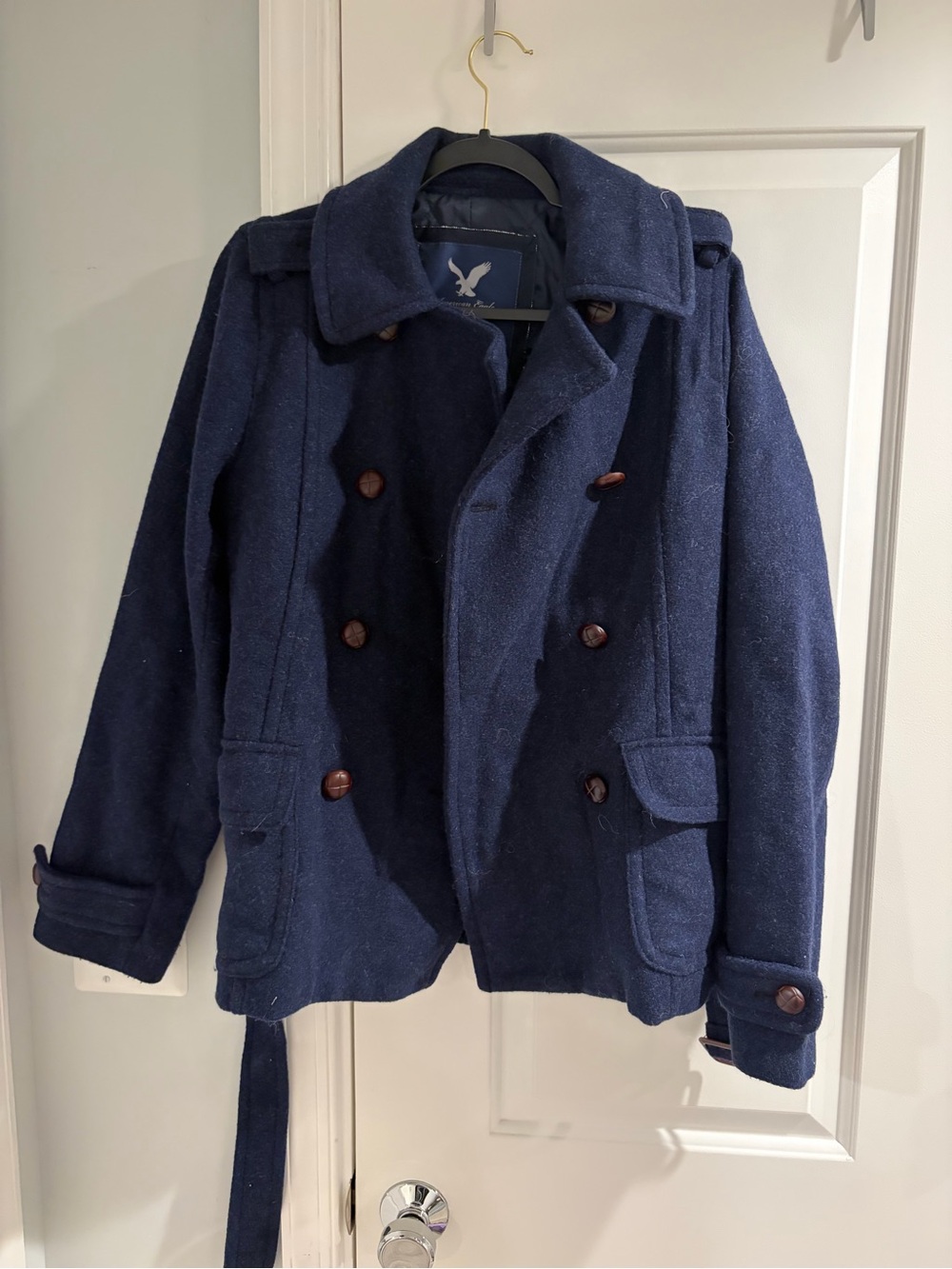 American Eagle Outfitters Navy Double-Breasted Wool Blend Peacoat